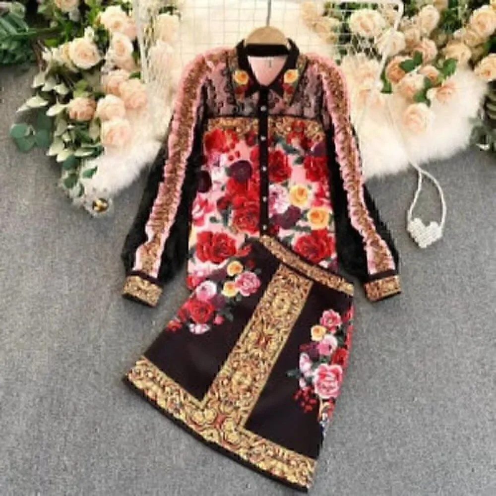 Vintage Floral Flower Collar Floral Print Lace Ruffles Top & Skirt XXL EURO